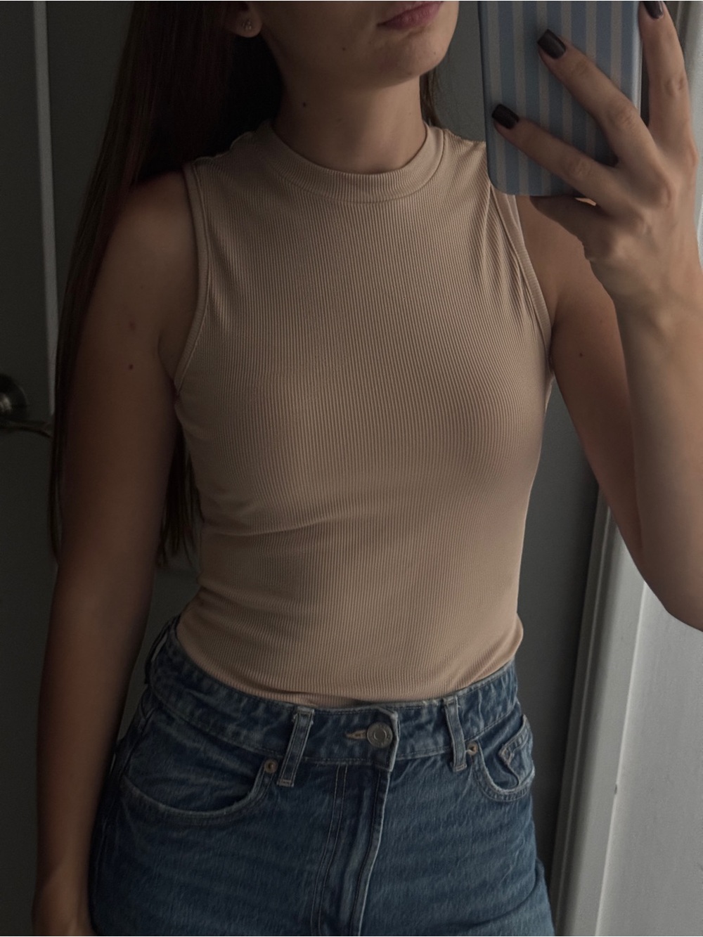 SHEIN Beige Ribbed Mock Neck Tank